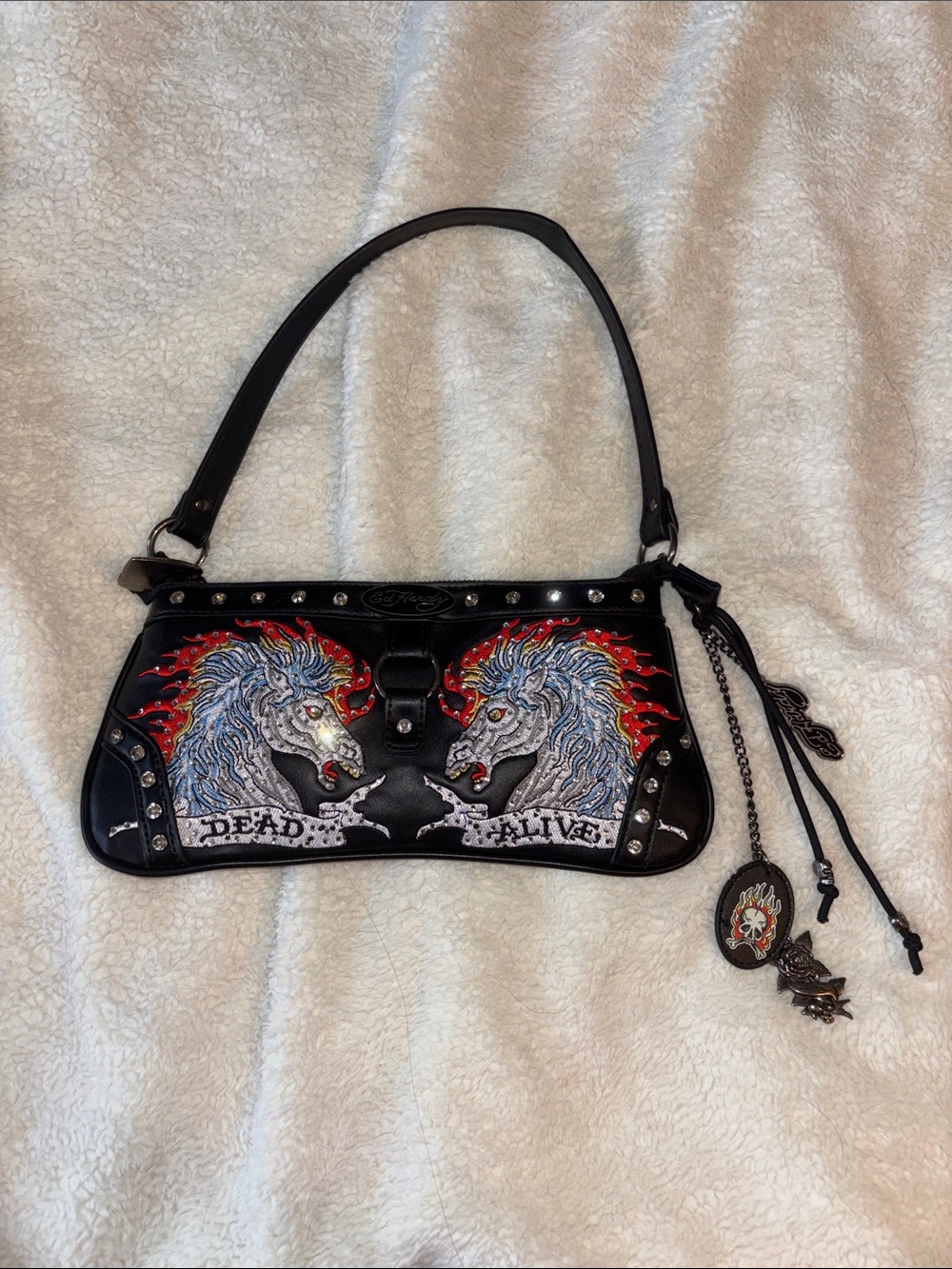 Ed Hardy Black Shoulder Bag with Twin Unicorn Motif